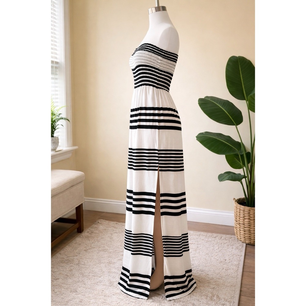 Spring Wedding Guest Boho Coastal Maxi Dress Striped Smocked Slit XS Sendra